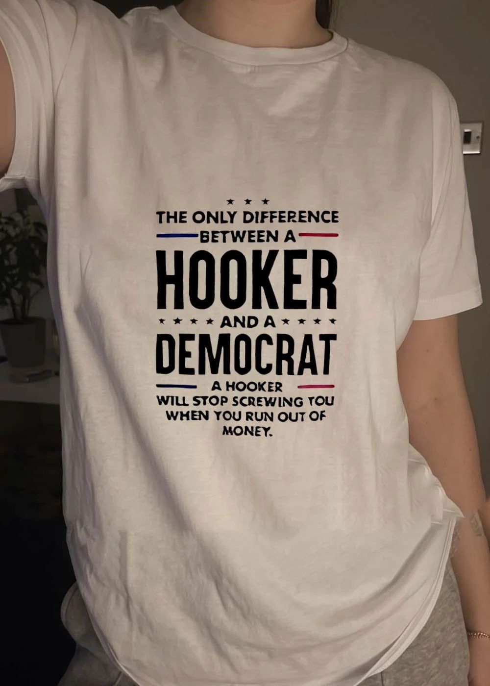 Political Satire Apparel The Only Difference Between a Hooker and a Democrat Will Stop Screwing You When Run Out of Money T-Shirt