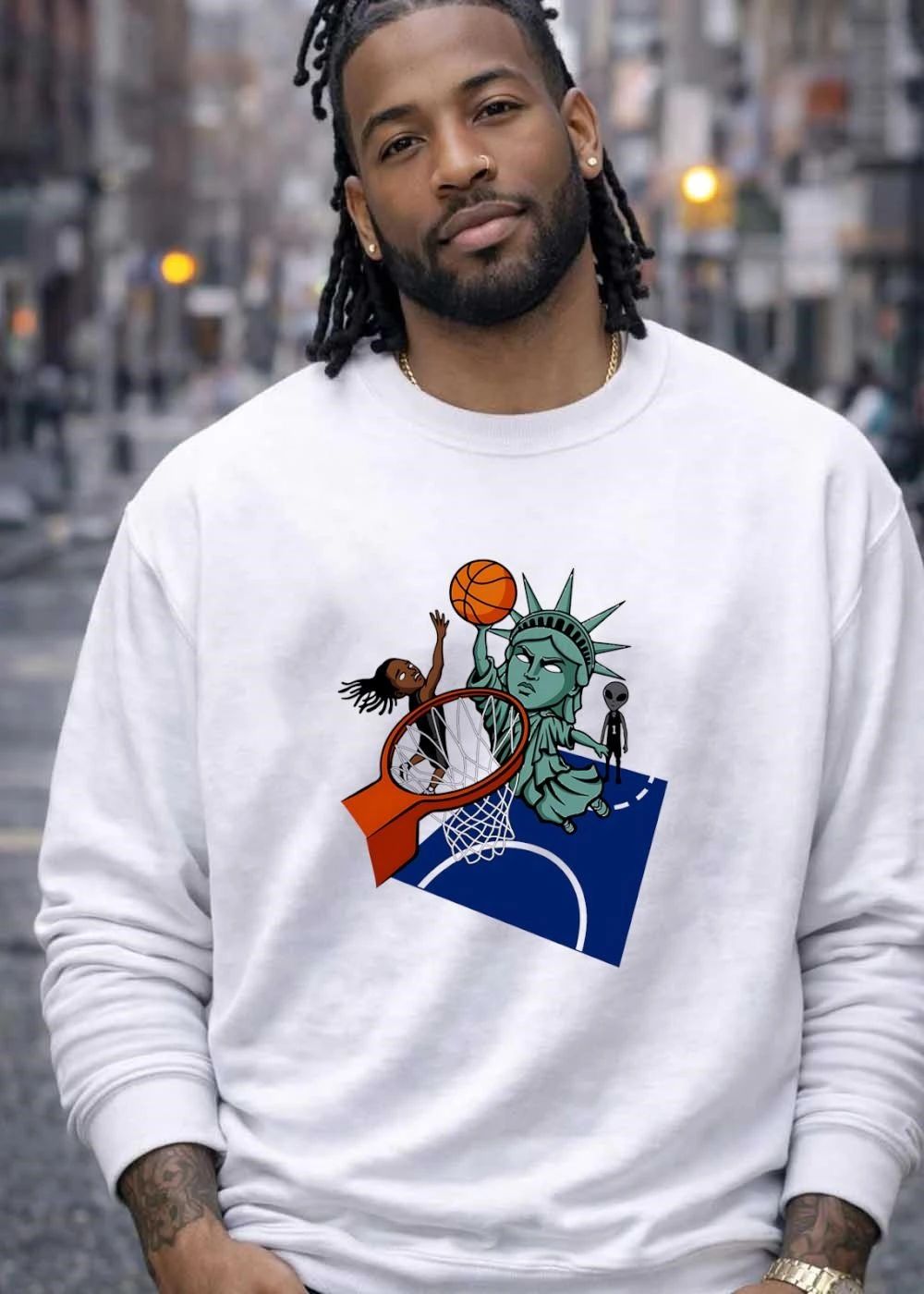Joe Maracic Statue of Liberty Playing Basketball with Alien and Athlete T-Shirt