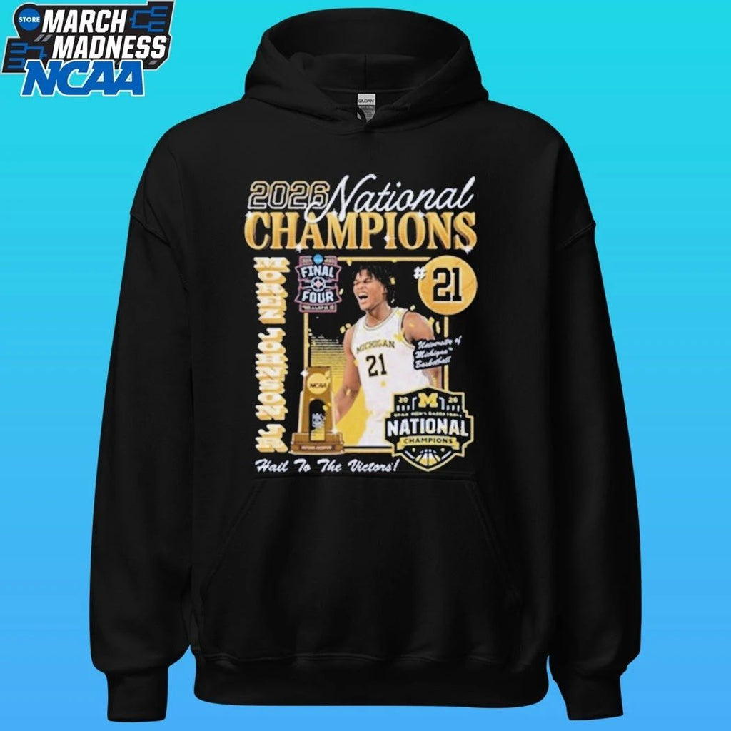 Michigan Wolverines Men’s Basketball Campus Ink 2026 National Champion #21 Morez Johnson Jr Shirt