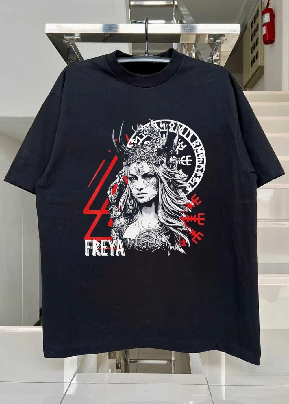 Viking Warrior Goddess Freya Norse Mythology Runes Symbol Black T-Shirt