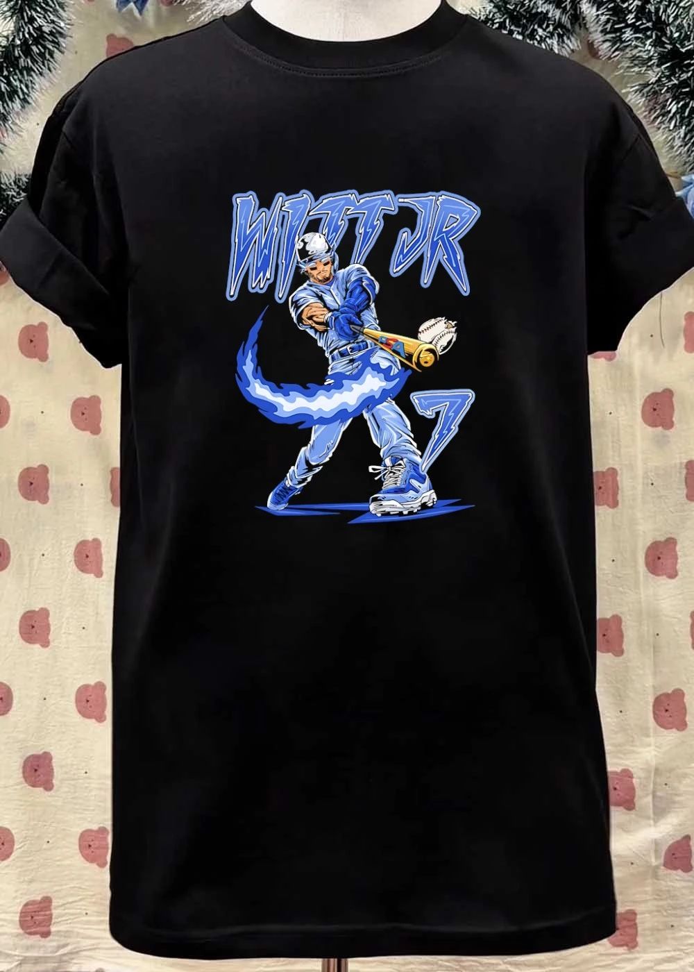 Witt Jr 7 baseball player with flaming bat shirt