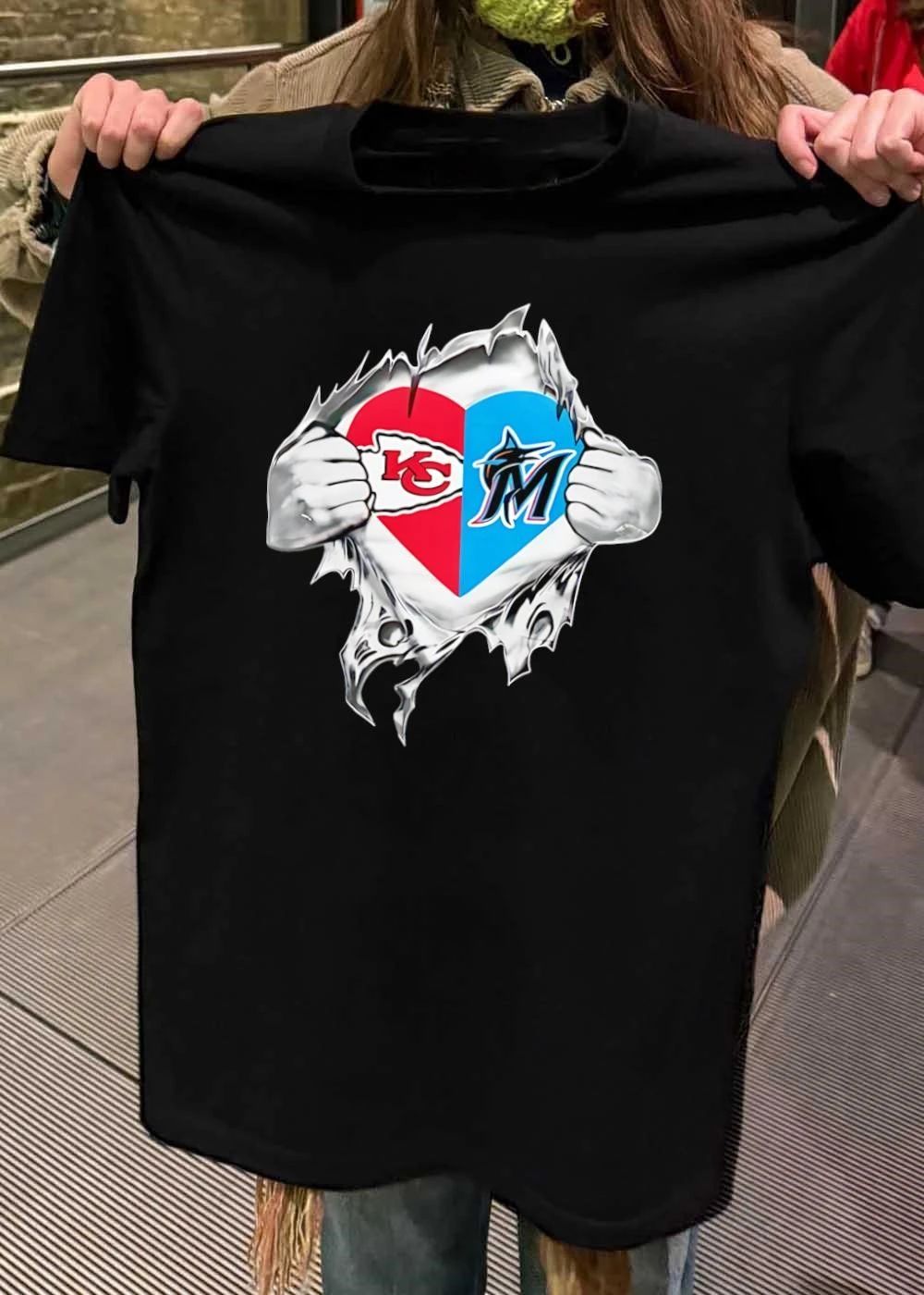 KC Chiefs and Miami Marlins Heart T-Shirt
