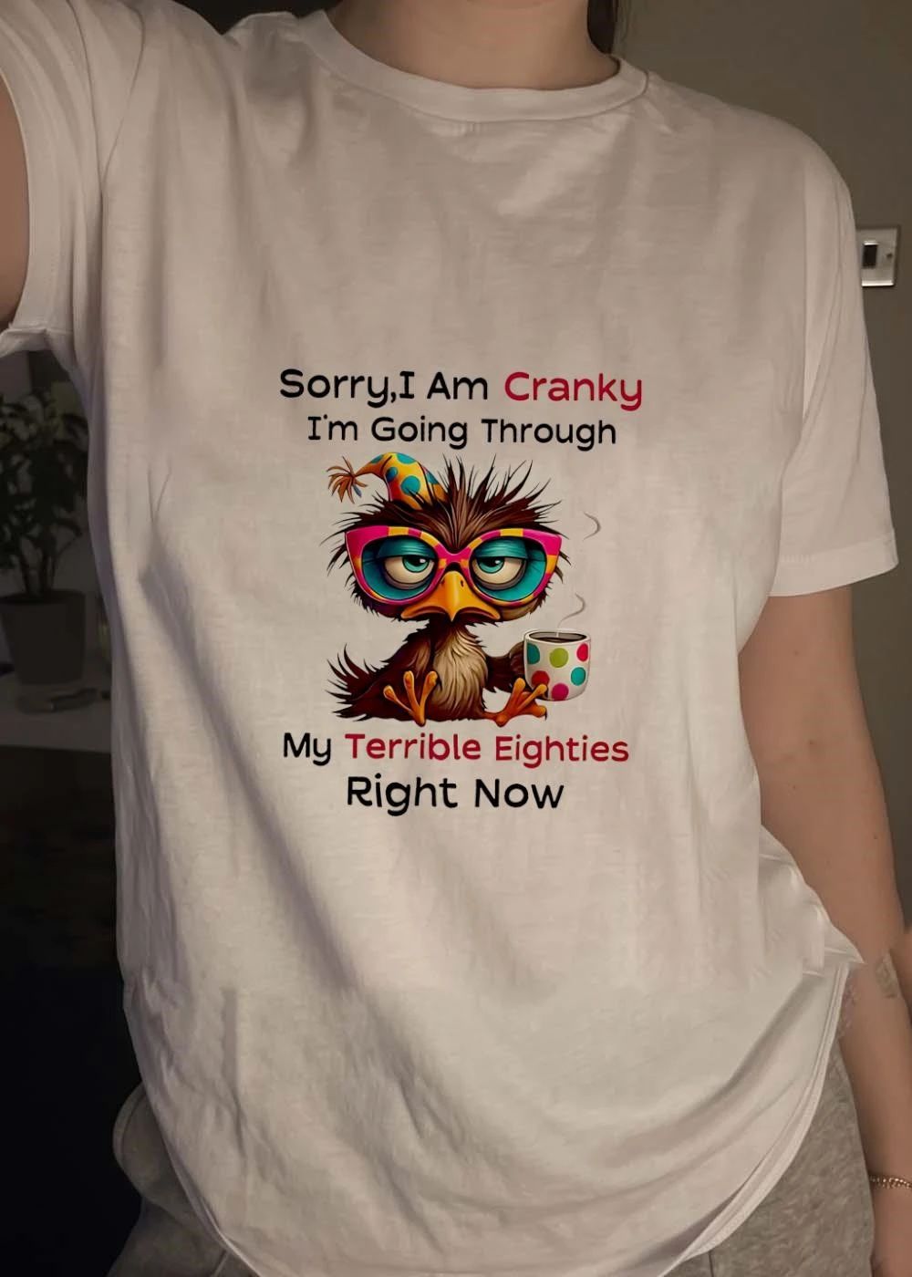 Funny Bird Drinking Coffee Sorry I Am Cranky Going Through My Terrible Eighties T-Shirt