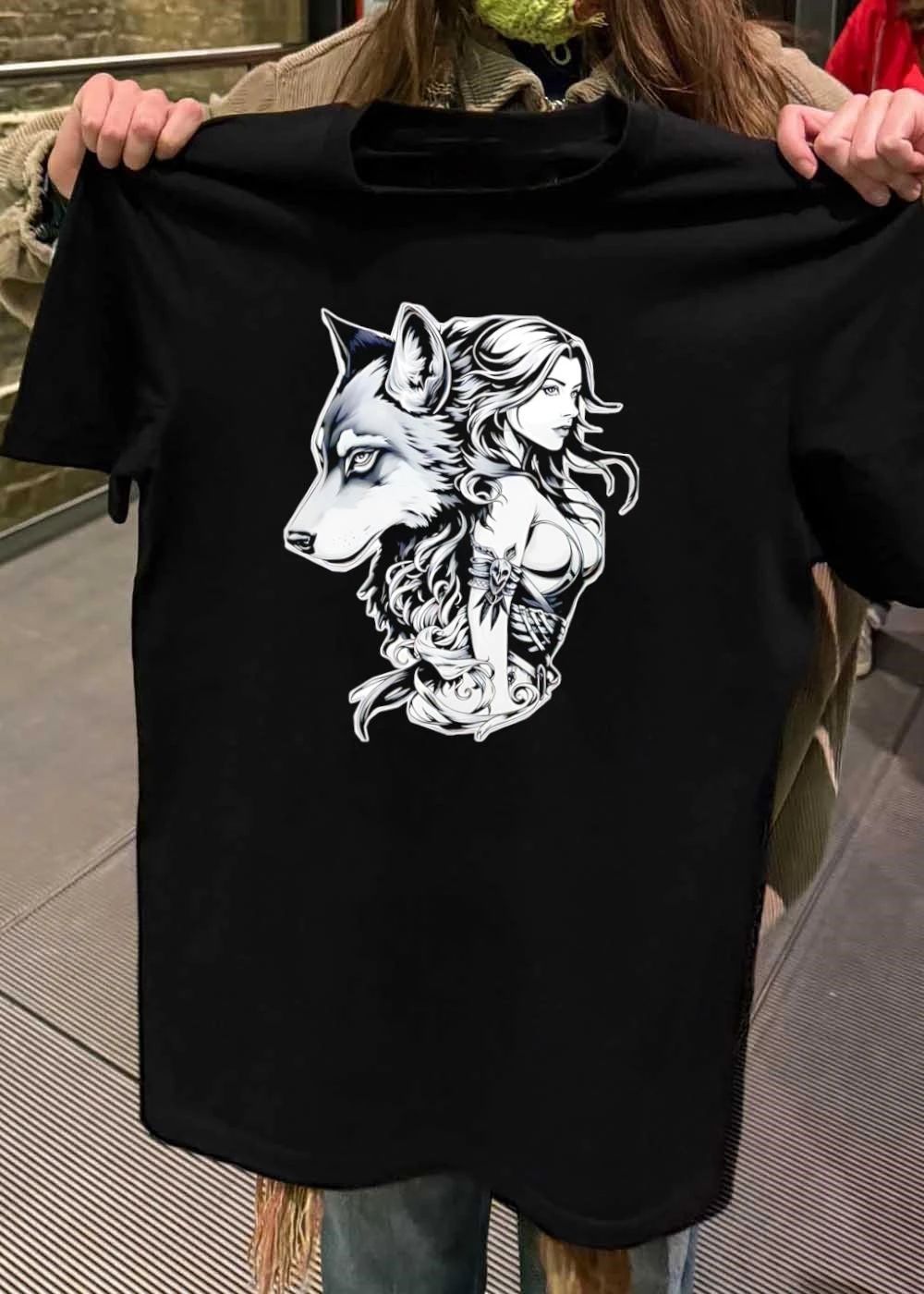Wolf and Woman Spiritual Connection Artistic Black and White T-Shirt