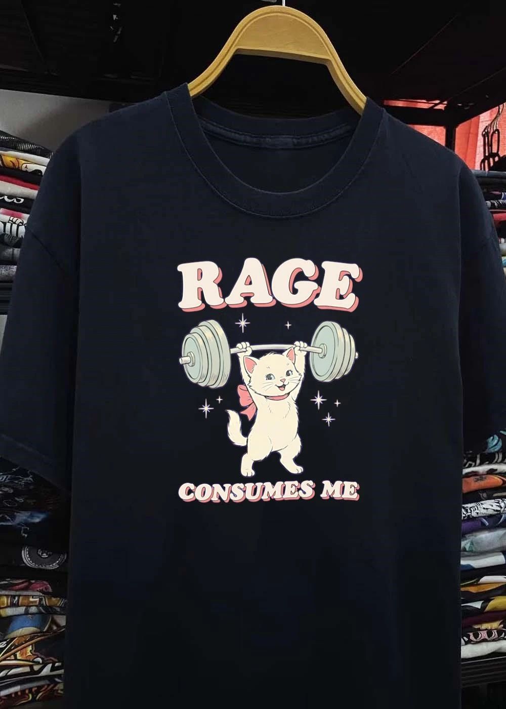 Gym Cat Lifting Weights Rage Consumes Me White Kitten T-Shirt