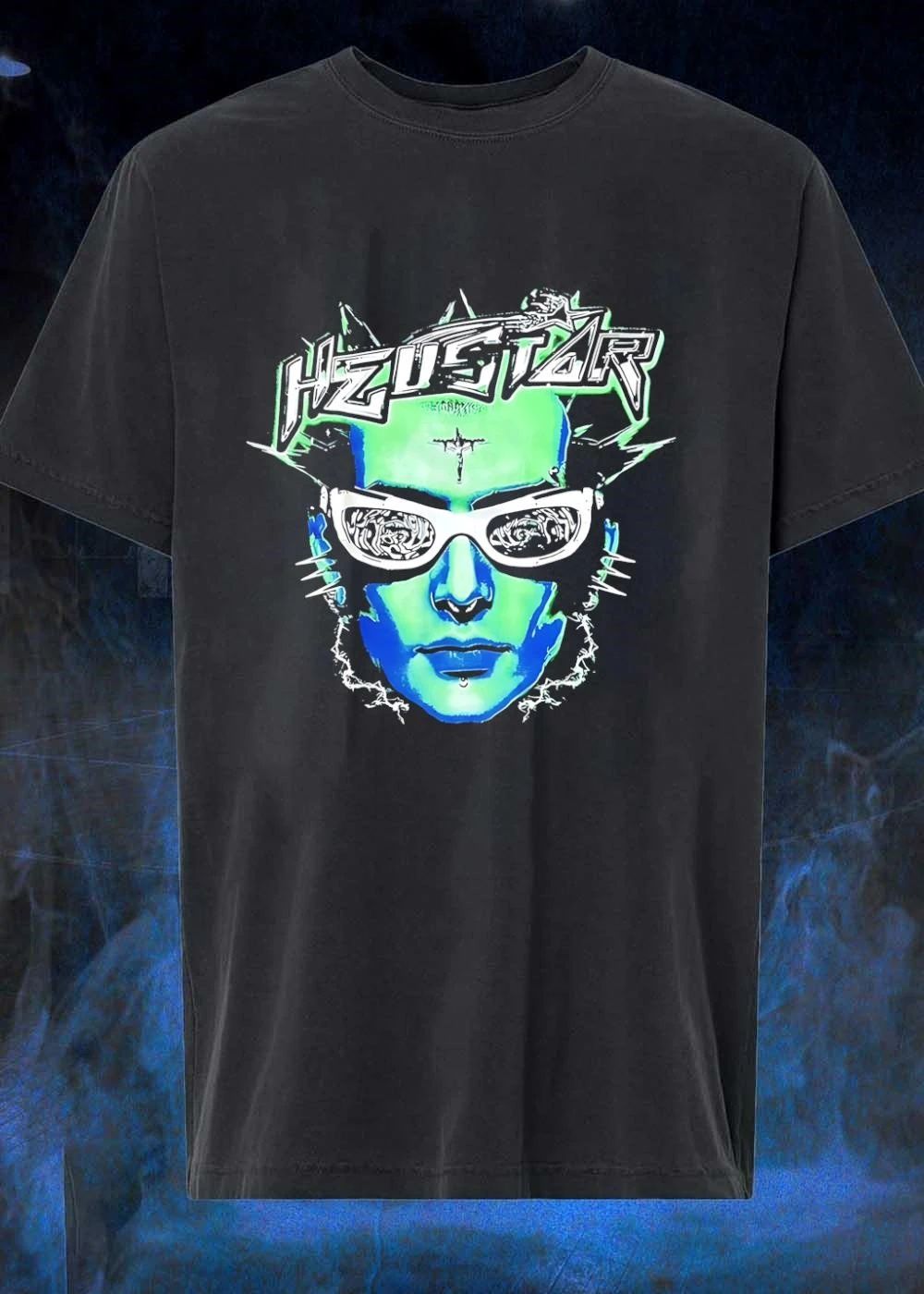 HZUSTAR Cyber Goth Punk Face Sunglasses Crucifix Green Blue Graphic Shirt