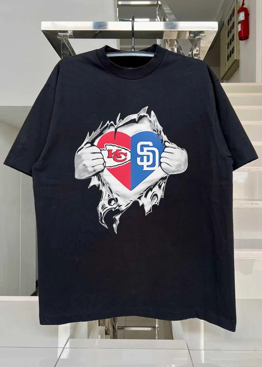 Show Your Fandom Hands Ripping Open Shirt KC Chiefs SD Padres T-Shirt