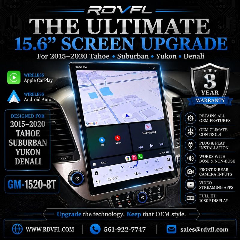 GM-1520-8T – 15.6″ Screen Upgrade for 2015-2020 Tahoe, Suburban, Yukon, Denali