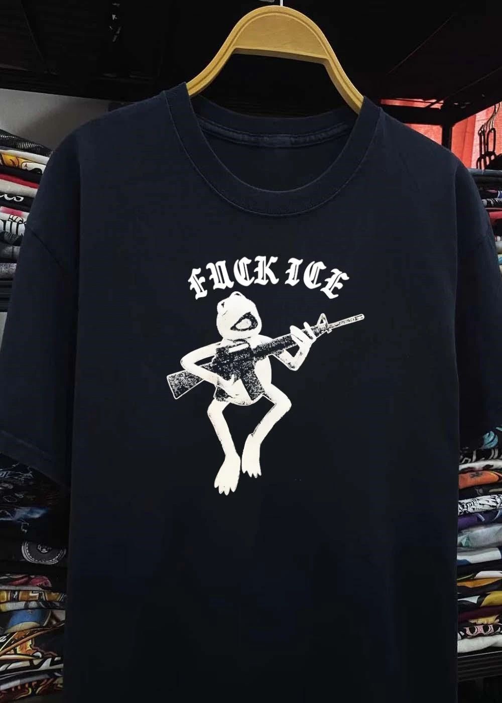 Froggy Protest Kermit Armed with Rifle Fuck ICE Shirt