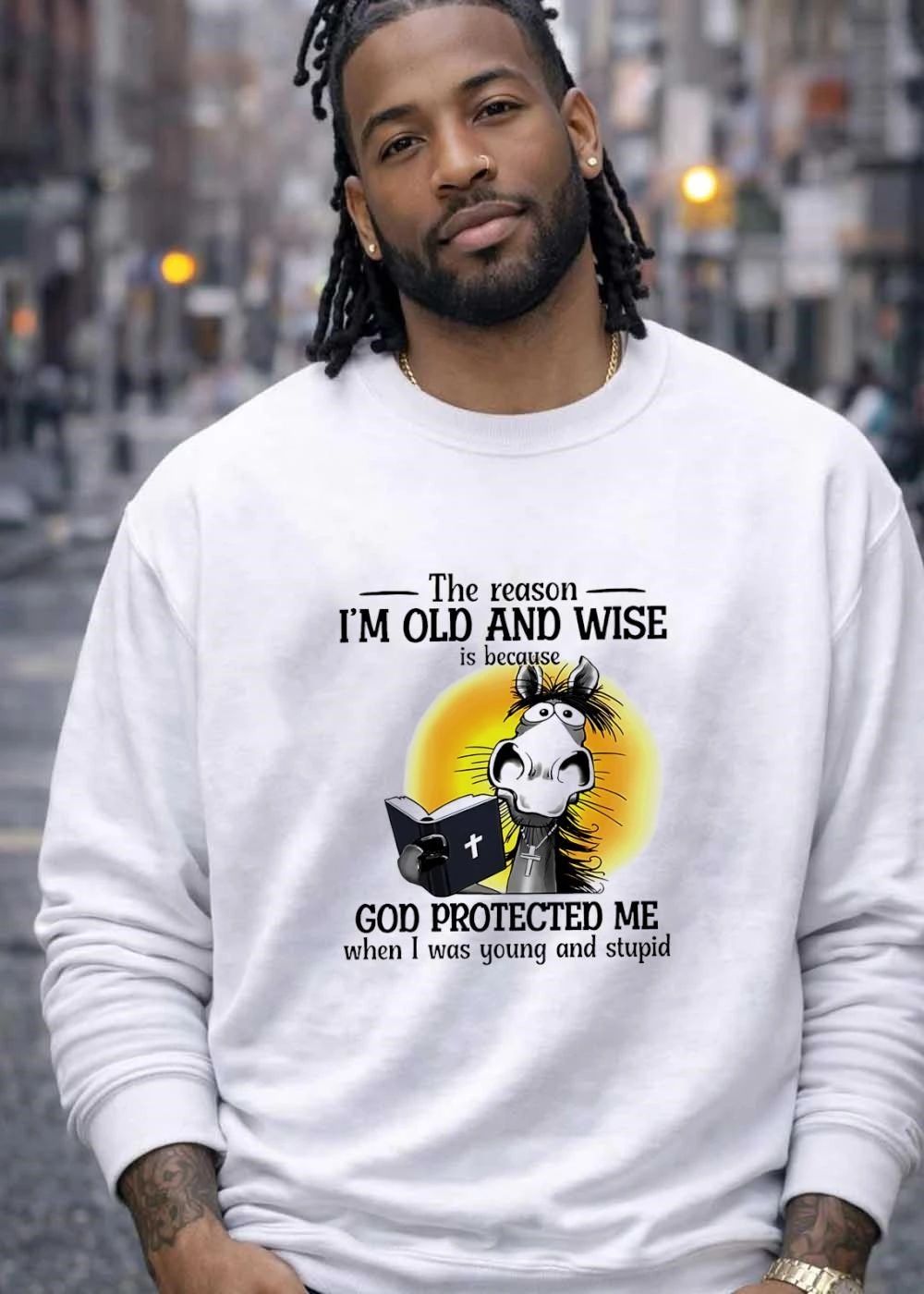Faithful Horse Reading Bible The Reason I Am Old and Wise Is Because God Protected Me when I Was Young and Stupid T-Shirt