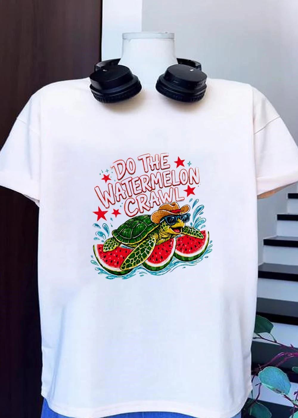 Watermelon Crawl Turtle Cowboy Sunglasses Yellow Summer Graphic T-Shirt