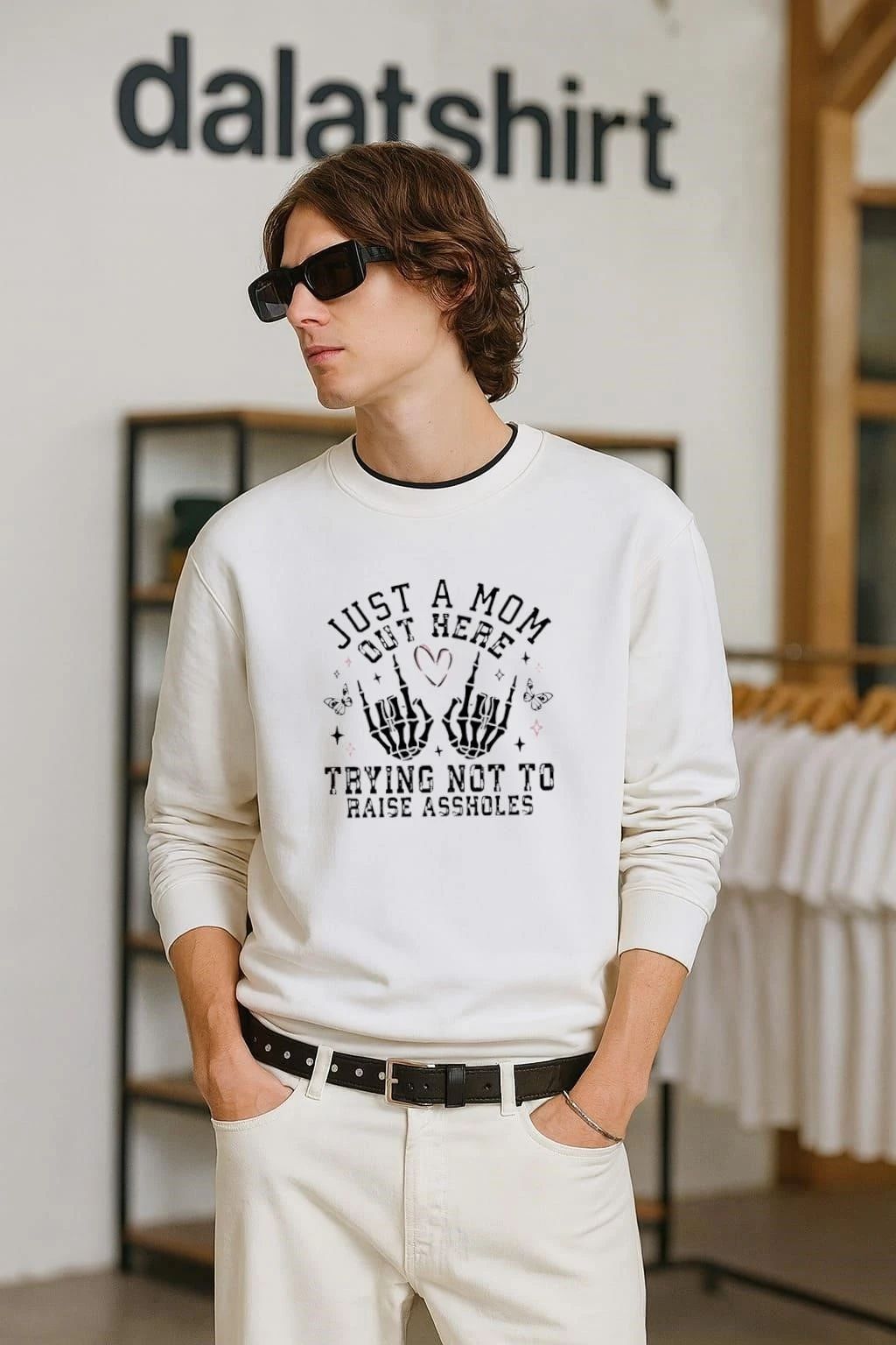Just a mom out here trying not to raise assholes skeleton hands shirt