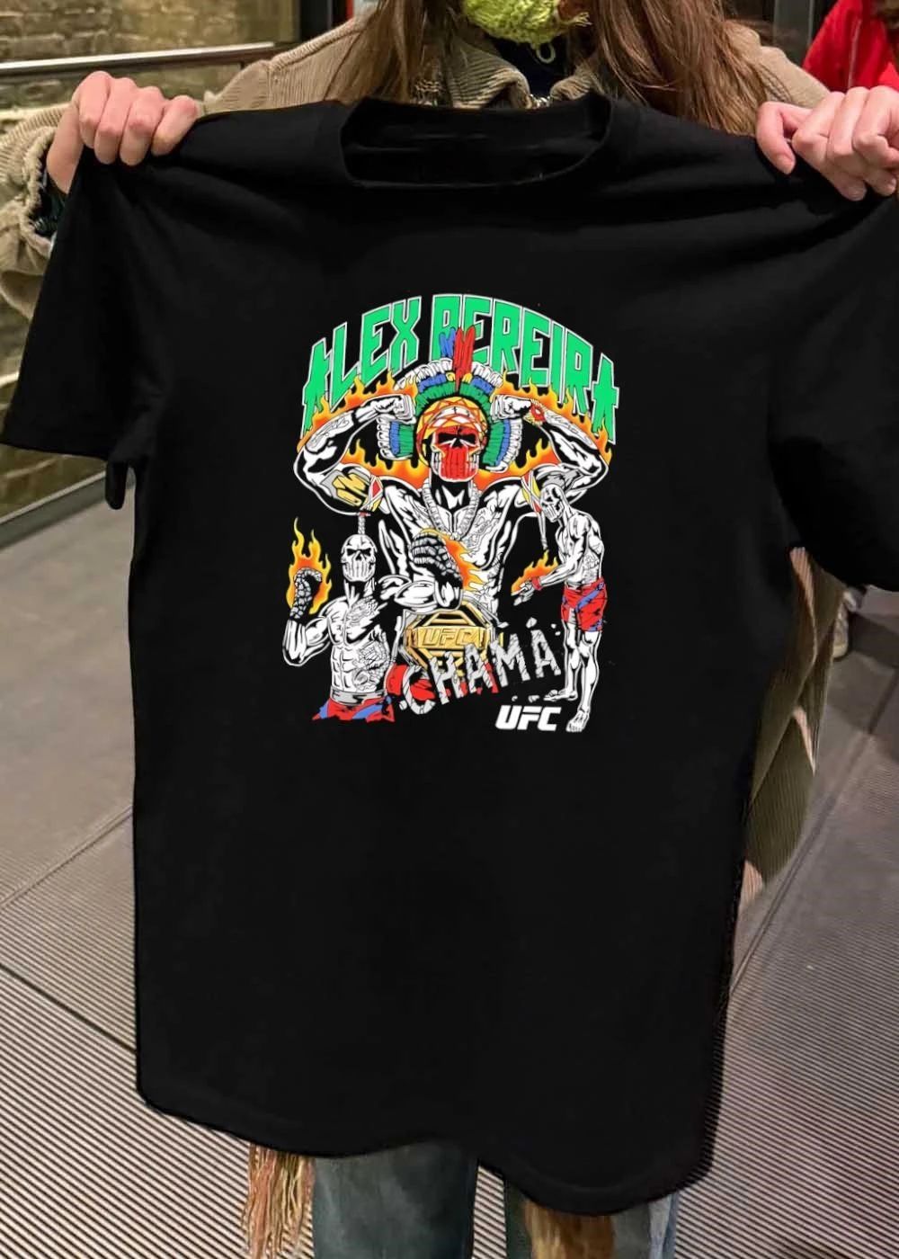 UFC ‘ Alex Pereira Posing with Championship Belt and Flaming Skulls ‘ Alex Pereira Chama ‘ UFC T-Shirt