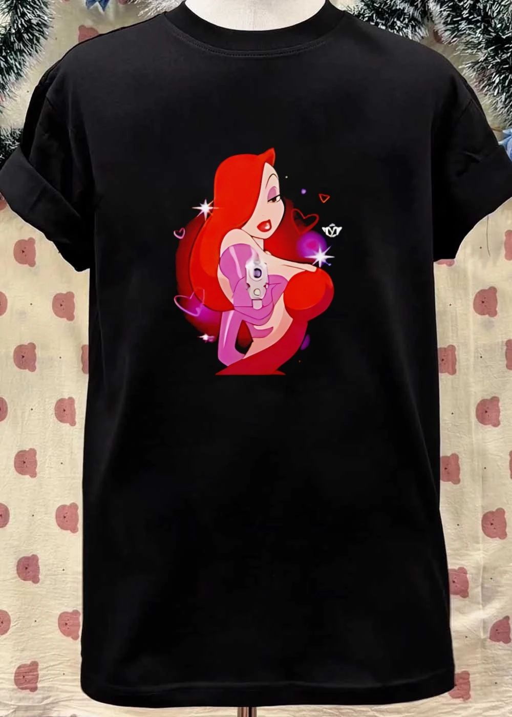 Jessica Rabbit Holding Gun Cartoon Hearts Glittery Sexy Woman T-Shirt