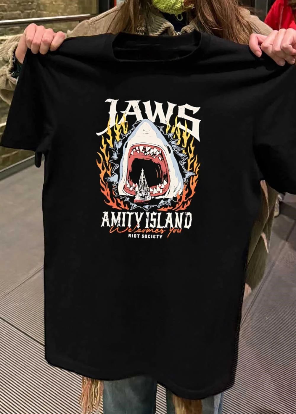 Riot Society Jaws Amity Island Welcomes You Shark Eating Boat T-Shirt