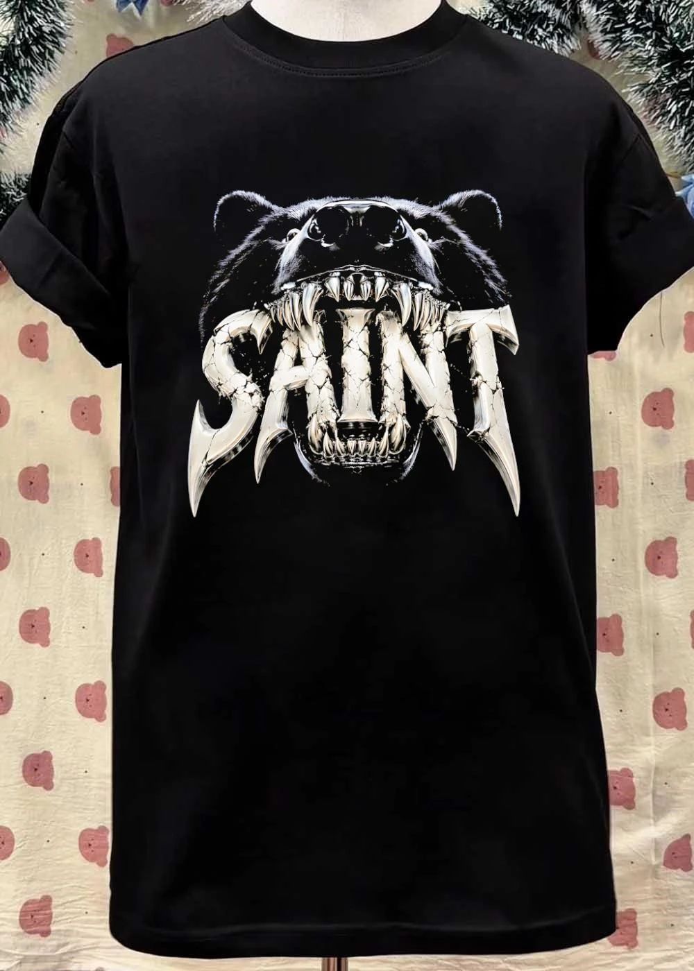 Black Bear Vicious Growl Saint Silver Cracked Metallic T-Shirt