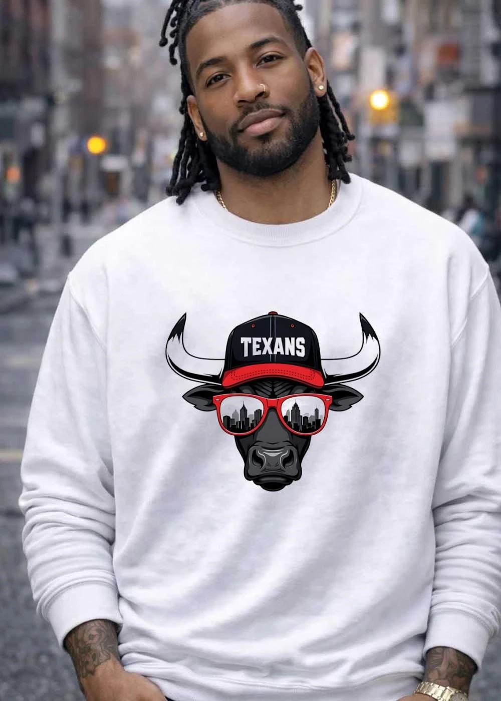 Cool Bull Wearing Sunglasses and Texans Cap T-Shirt