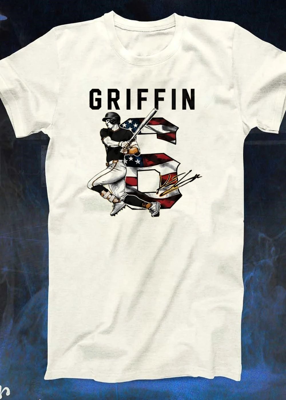 Signature Griffin Baseball Player Swinging Bat with American Flag Number 6 Shirt