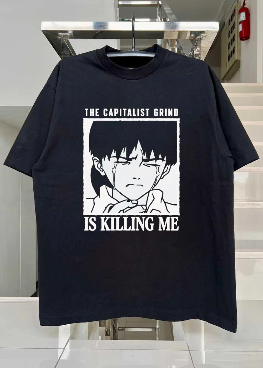 The Capitalist Grind Is Killing Me Shinji Ikari Crying Anime T-Shirt
