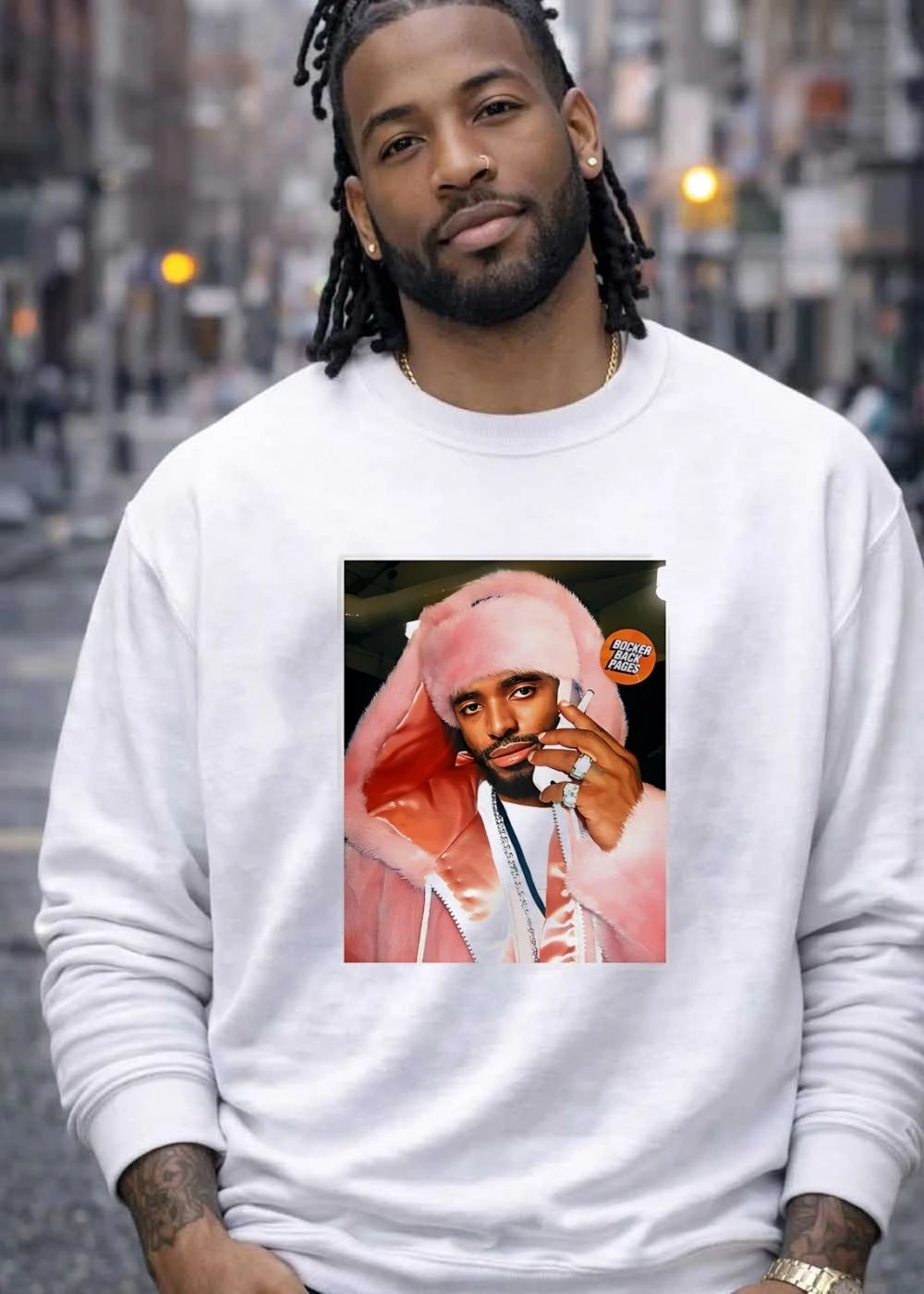 Man Talking on Phone Bocker Back Pages T-Shirt