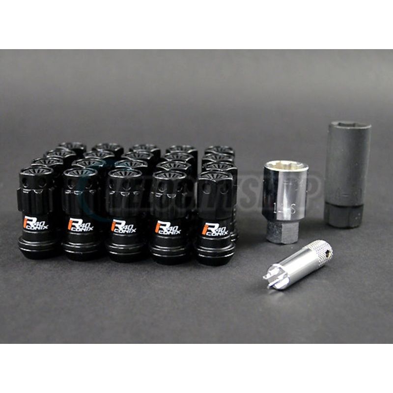 Project Kics R40 Iconix Lug Nuts Black (20 pcs) M12 x 1.25mm w/caps for Subaru / Nissan