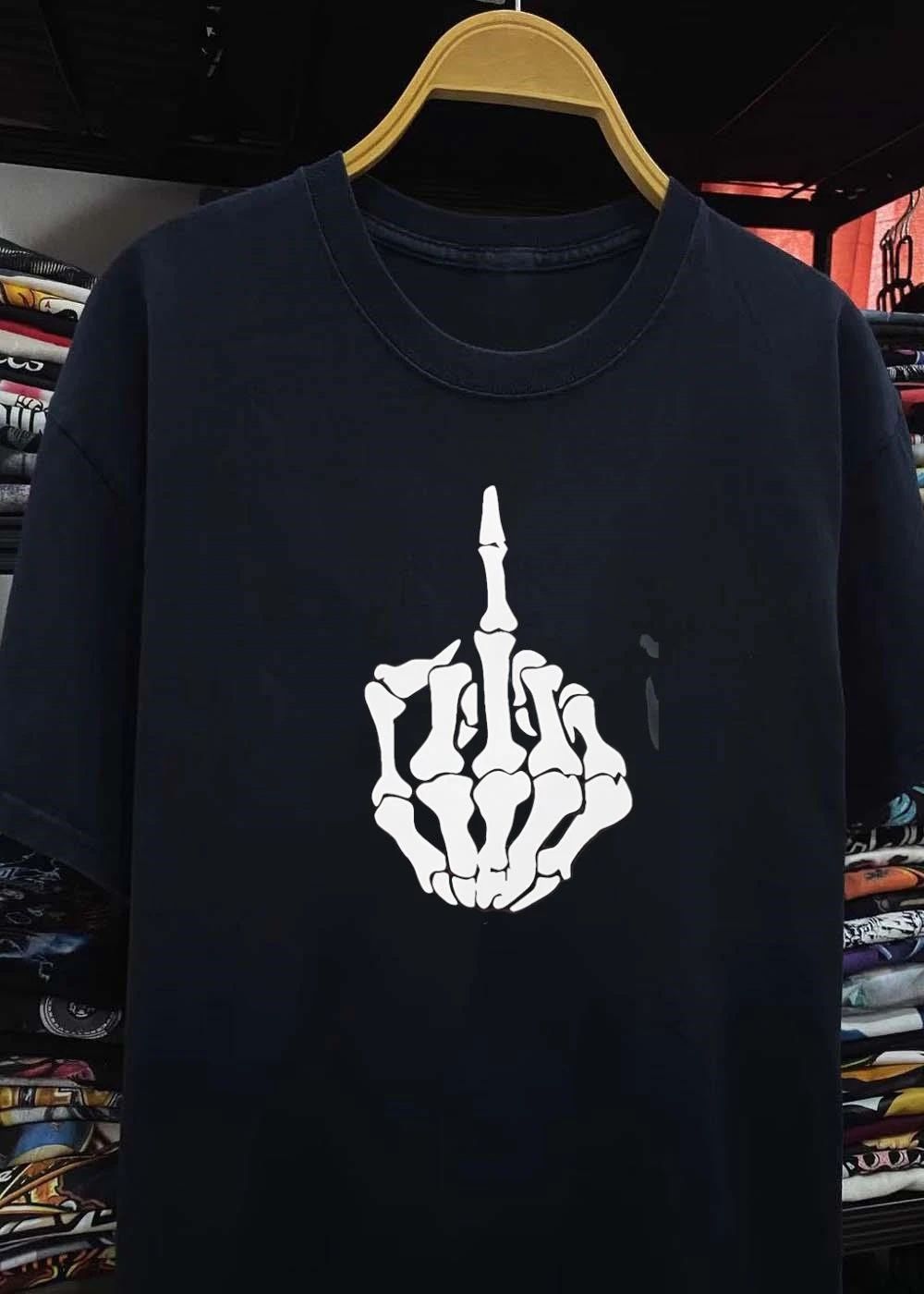 Skeleton Hand Rude Gesture Illustration White on Black T-Shirt