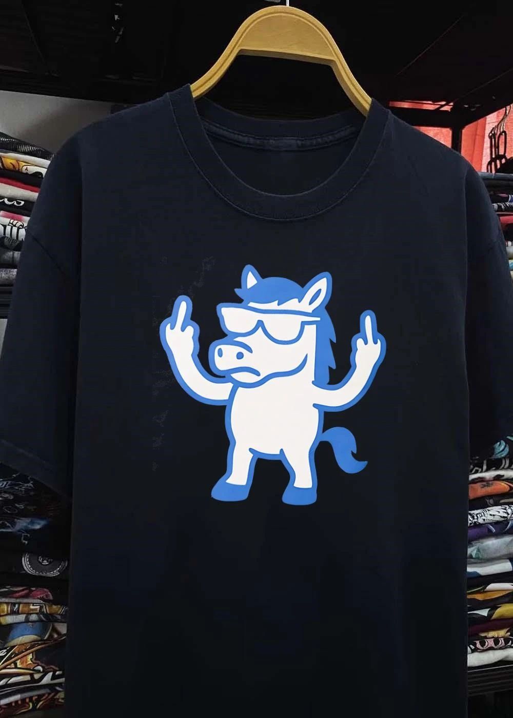 Edgy Horse Giving the Middle Finger Blue and White Graphic shirt