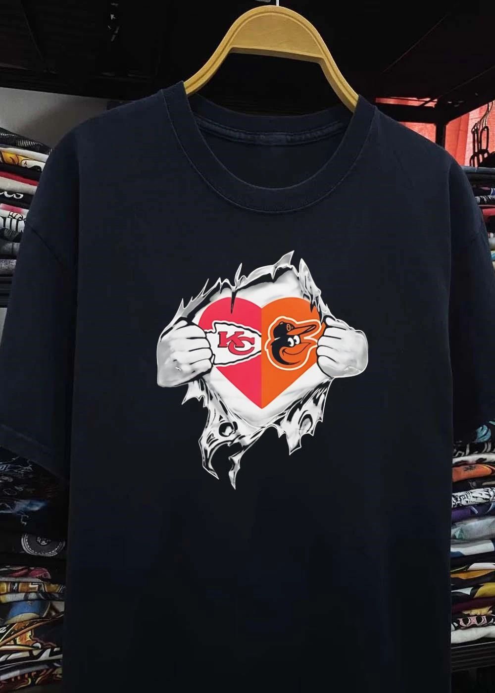KC Orioles Shirt Heart Ripped Chest T-Shirt