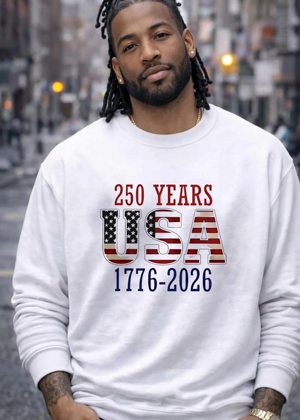 250 Years USA 1776-2026 American flag typography shirt