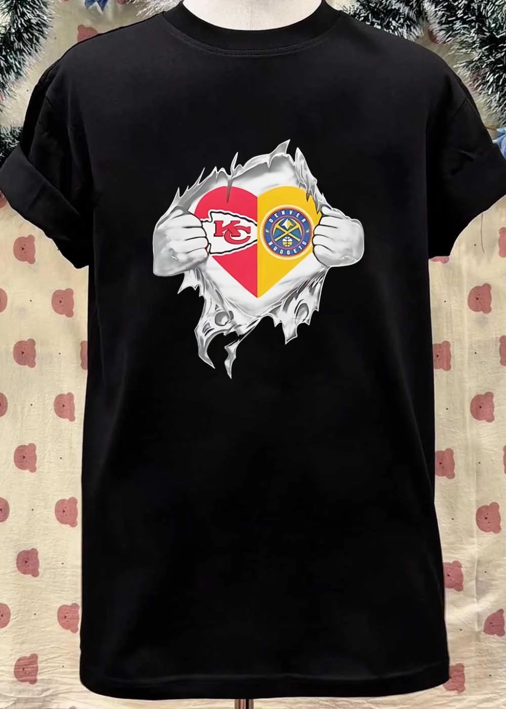 KC Chiefs Denver Nuggets Heart Ripped Chest T-Shirt