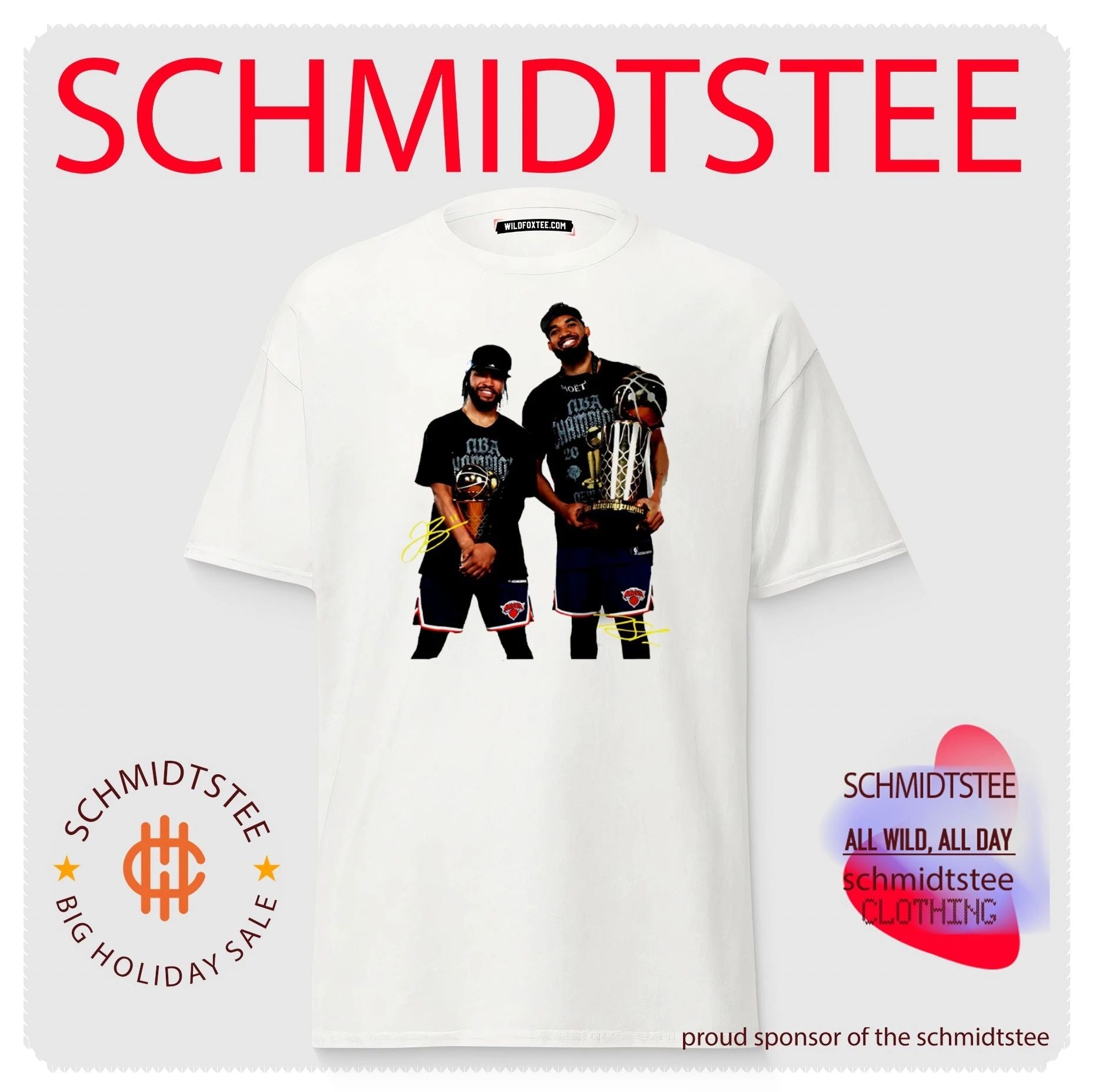 Jalen Brunson And Karl-Anthony Towns 2026 NY Knicks Champions holding trophy signature shirt