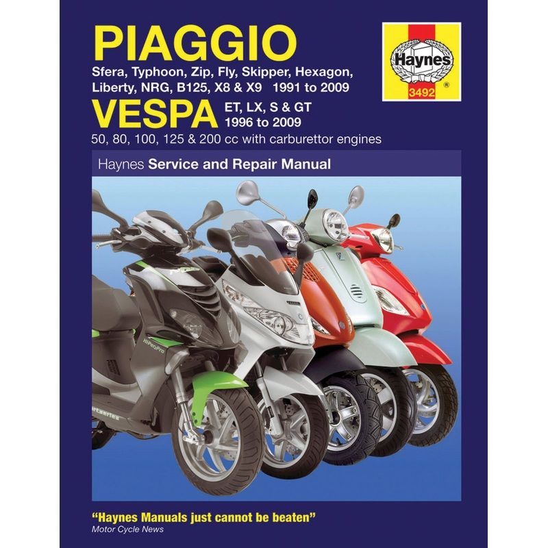 Piaggio Sfera, Typhoon, Zip, Fly, Skipper, Hexagon, Liberty, B125, X8/X9 Scooters (91-09) & Vespa ET2, ET4, LX & GT Scooters (96-09) Haynes Repair Manual