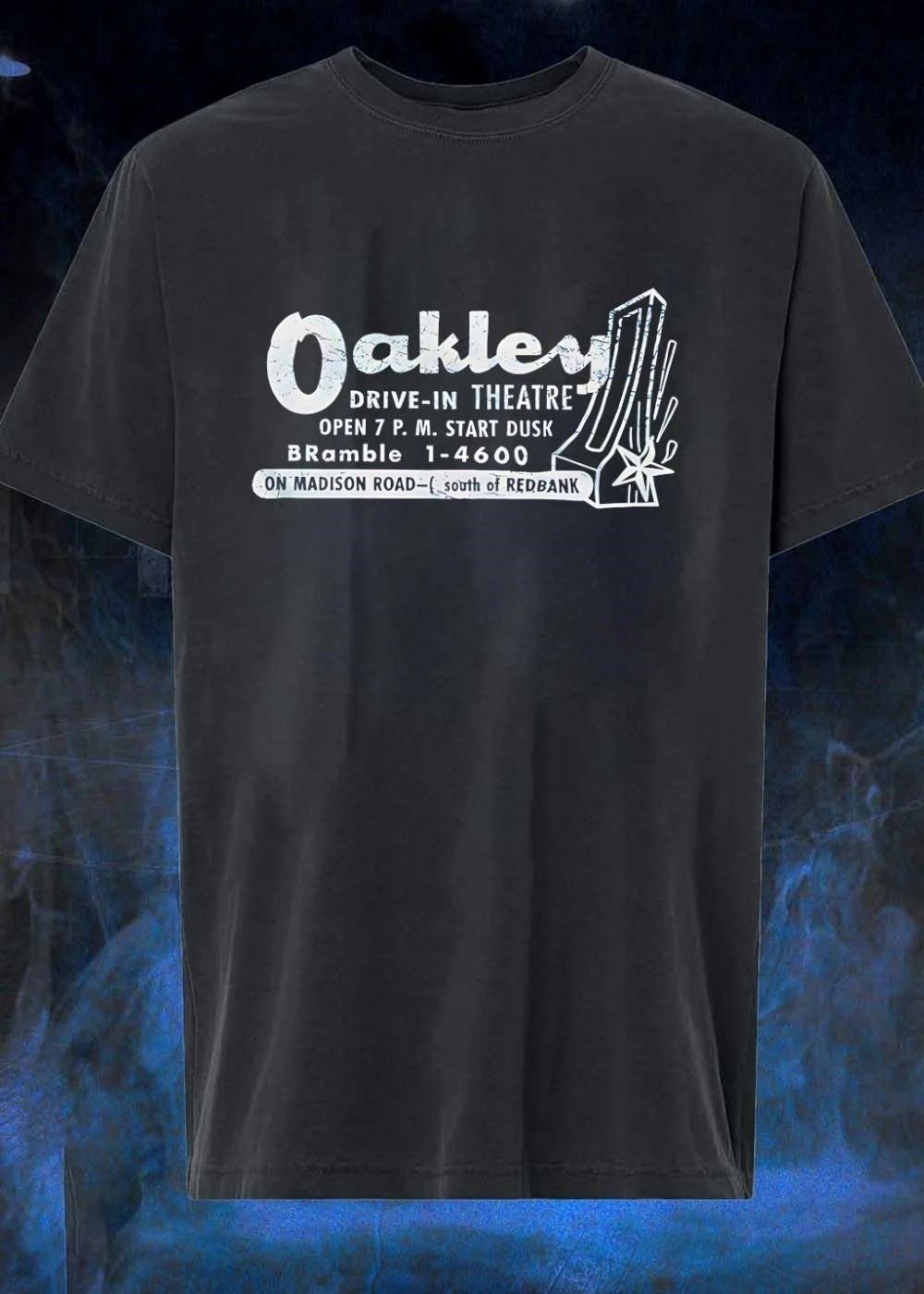 Oakley Drive-in Theatre Open 7 PM Start Dusk Bramble 14600 on Madison Road South of Redbank Vintage Retro Drive-in Theatre T-Shirt