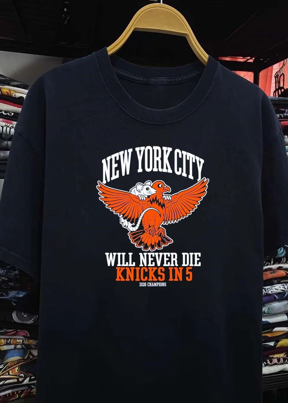 2026 Champions New York City Will Never Die Knicks in 5 Rat Pigeon T-Shirt