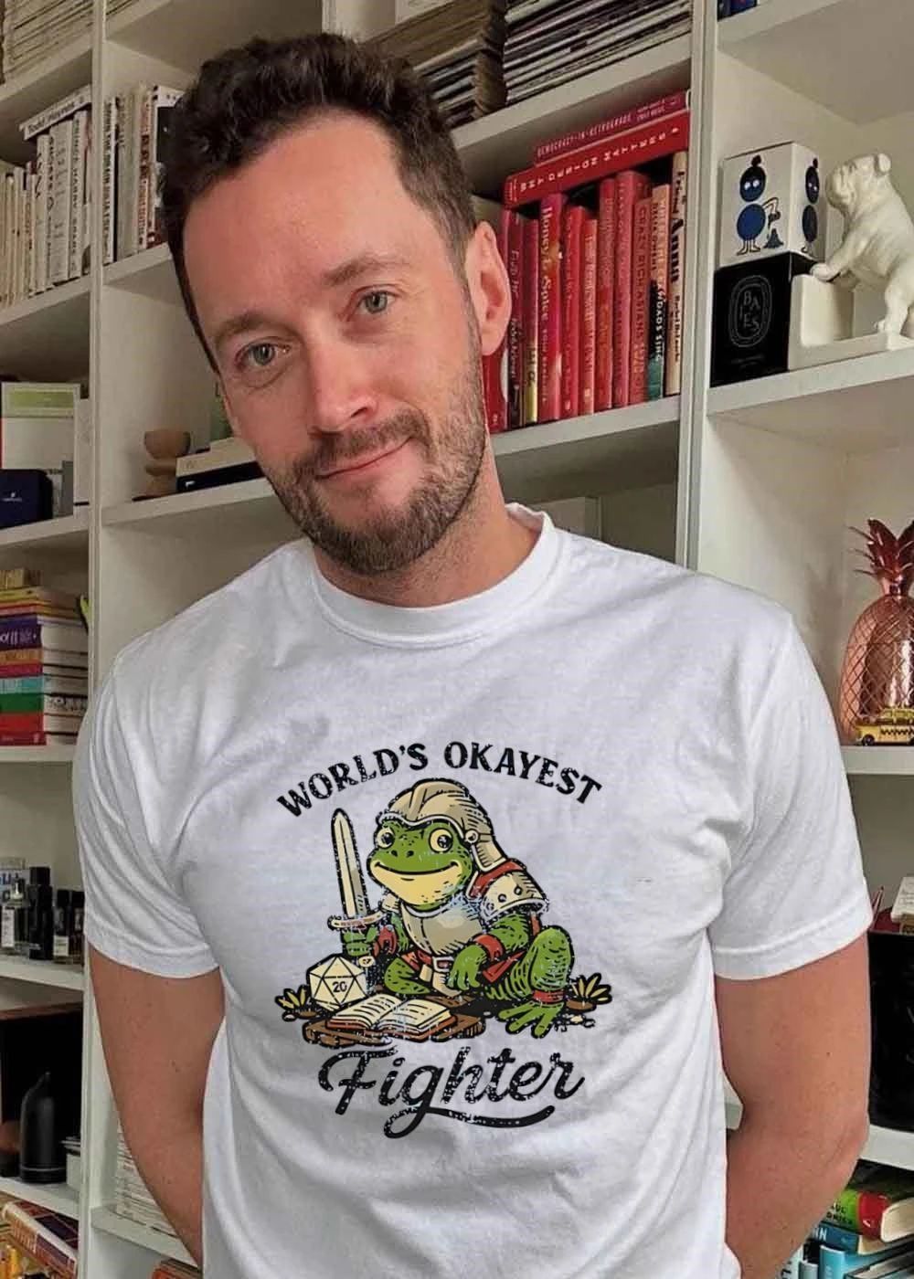 World’s Okayest Fighter Frog D20 Dice and Sword shirt