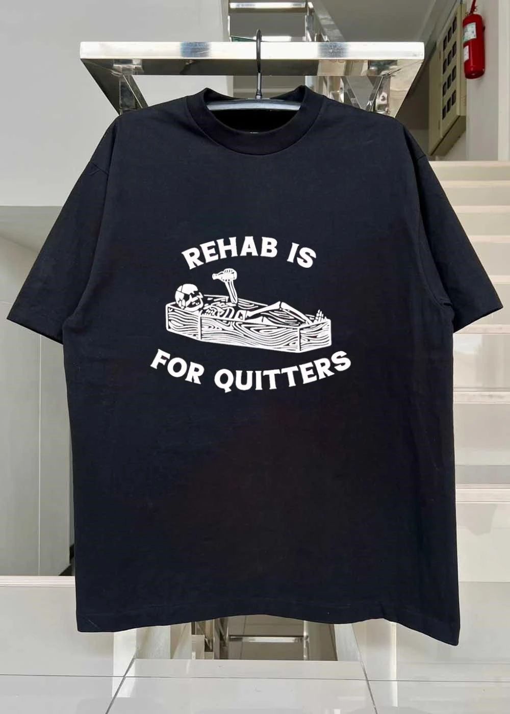 Skeleton Drinking In Coffin Rehab Is For Quitters T-Shirt