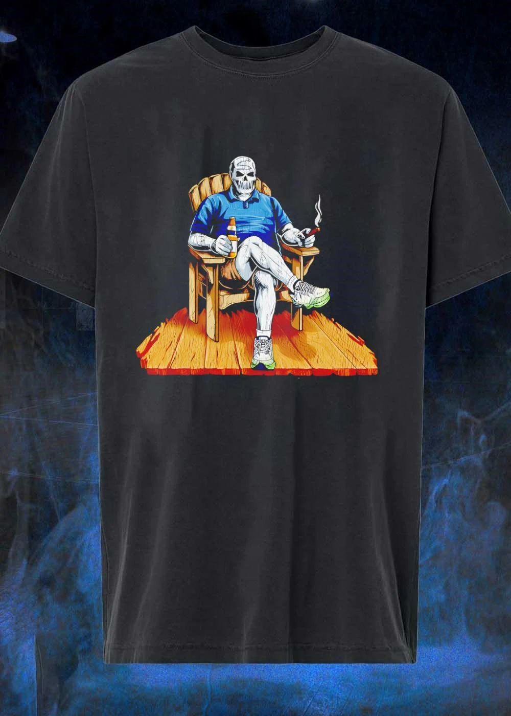 DarthBeards Skull Sitting in a Lawn Chair with Beer and Cigar T-Shirt