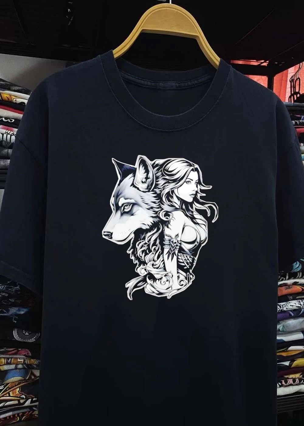 Wolf and Woman Spiritual Connection Artistic Black and White T-Shirt