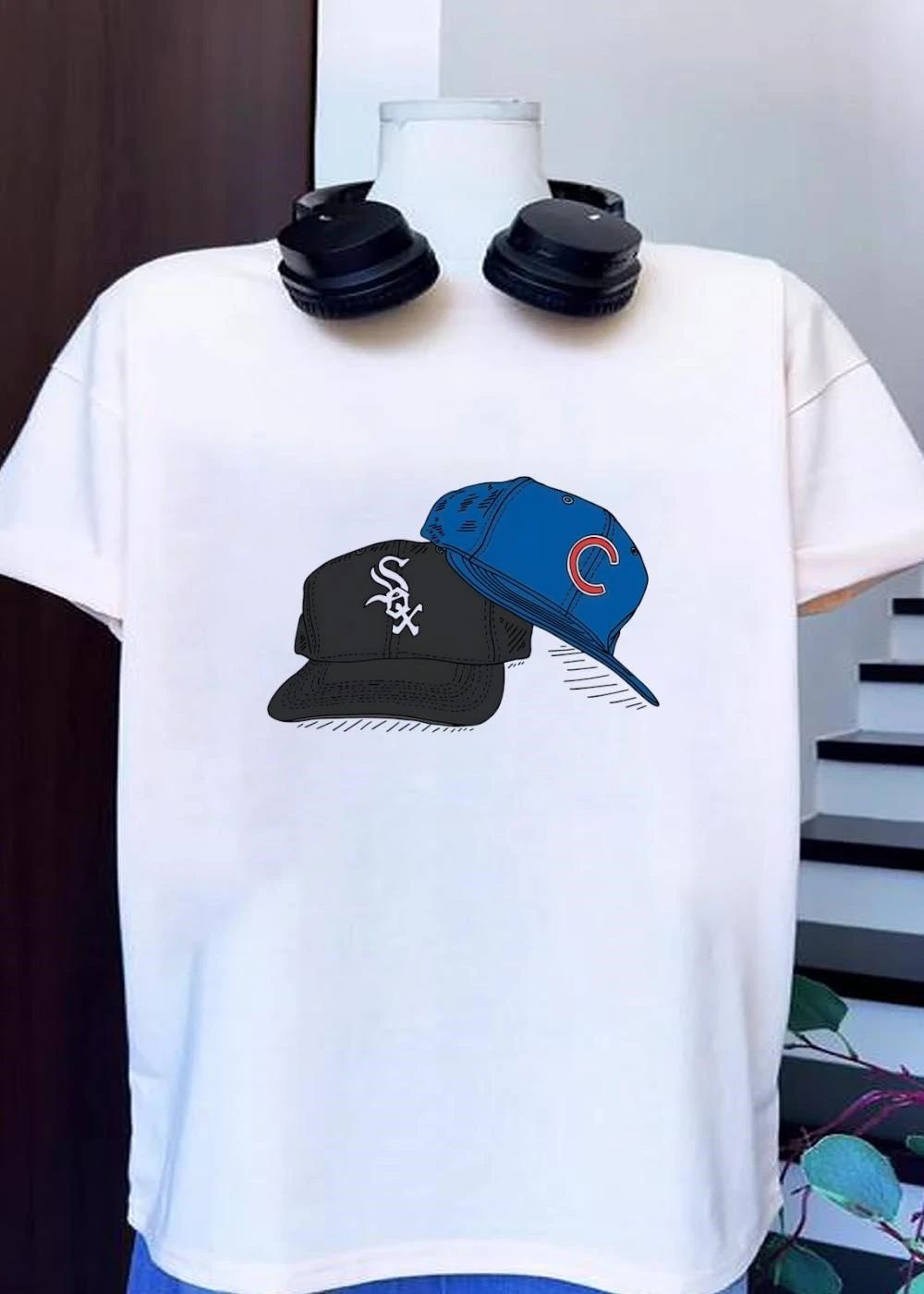 Chicago White Sox and Chicago Cubs Hats Graphic Baseball shirt