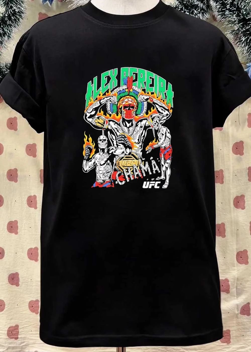 UFC ‘ Alex Pereira Posing with Championship Belt and Flaming Skulls ‘ Alex Pereira Chama ‘ UFC T-Shirt