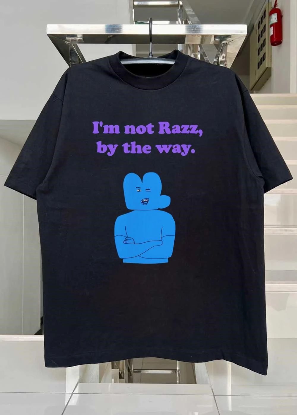Blue Character Winking I Am Not Razz by the Way Graphic T-Shirt