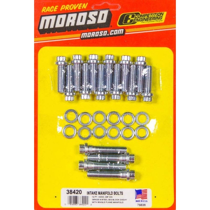 Moroso 38420 Intake Manifold Bolt Kit, Big Block Chevy, 3/8 In.-16 X 1.250 In & 1.750In, 12Pt. Head, Zinc Plated