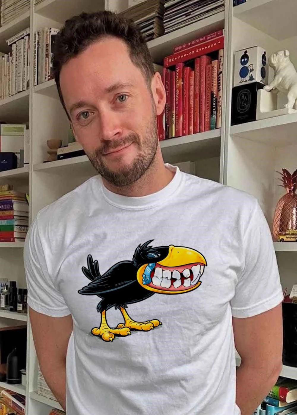 Crow with Teeth and Blue Phone Cartoon Graphic Green Background T-Shirt