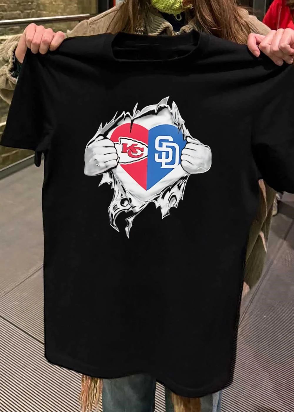 Show Your Fandom Hands Ripping Open Shirt KC Chiefs SD Padres T-Shirt