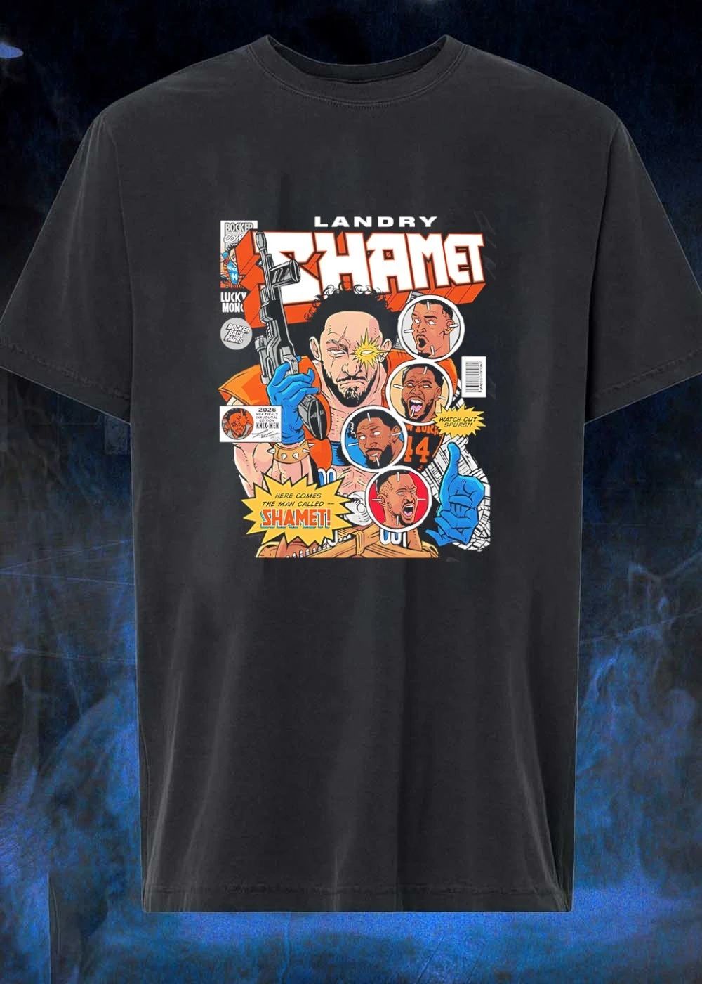 Bocker Comics Landry Shamet Holding Gun Knix-Men 2026 NBA Finals Watch Out Spurs T-Shirt