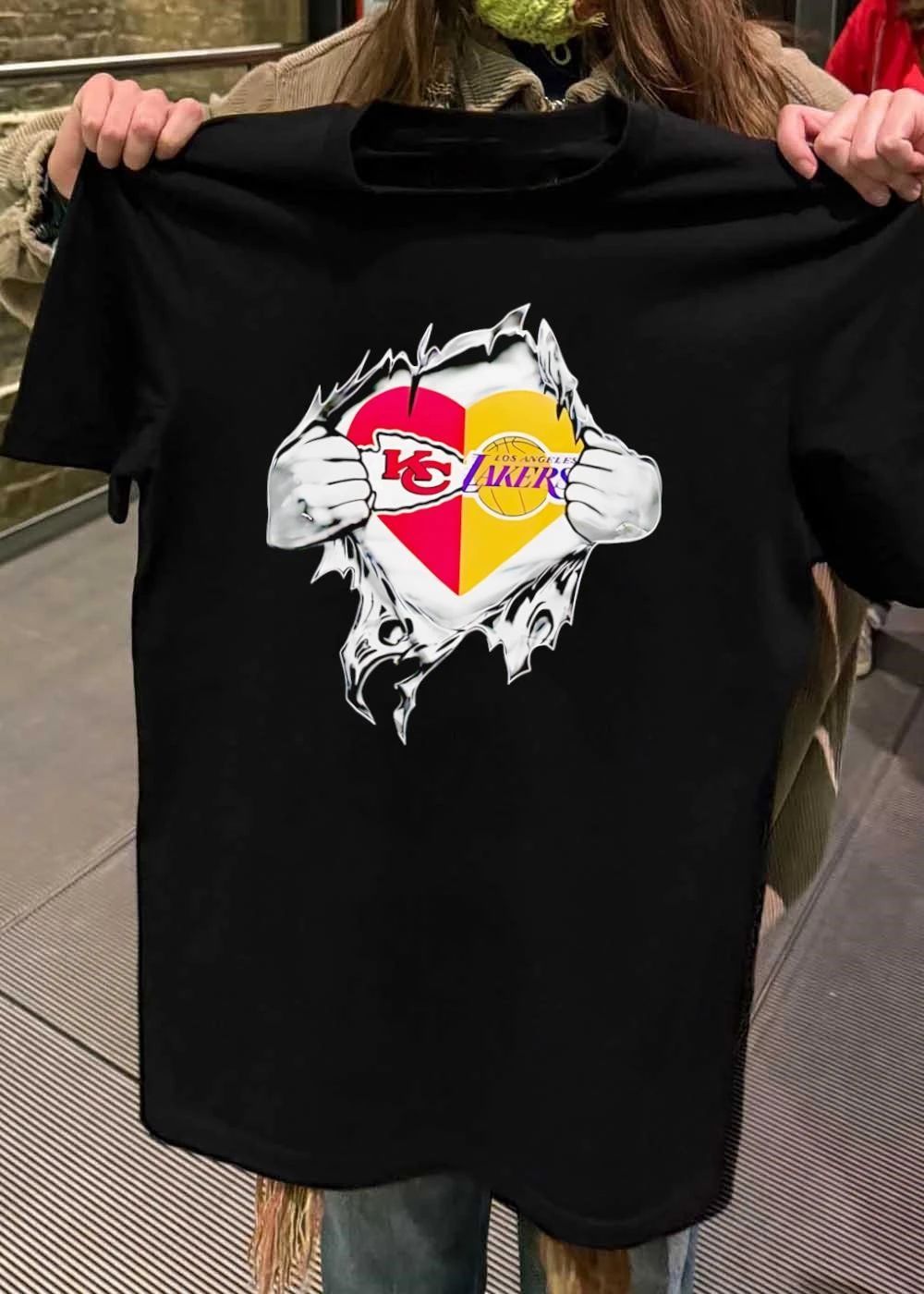 KC Lakers Fans Heart Ripped Open T-Shirt Kansas City Chiefs Los Angeles Lakers