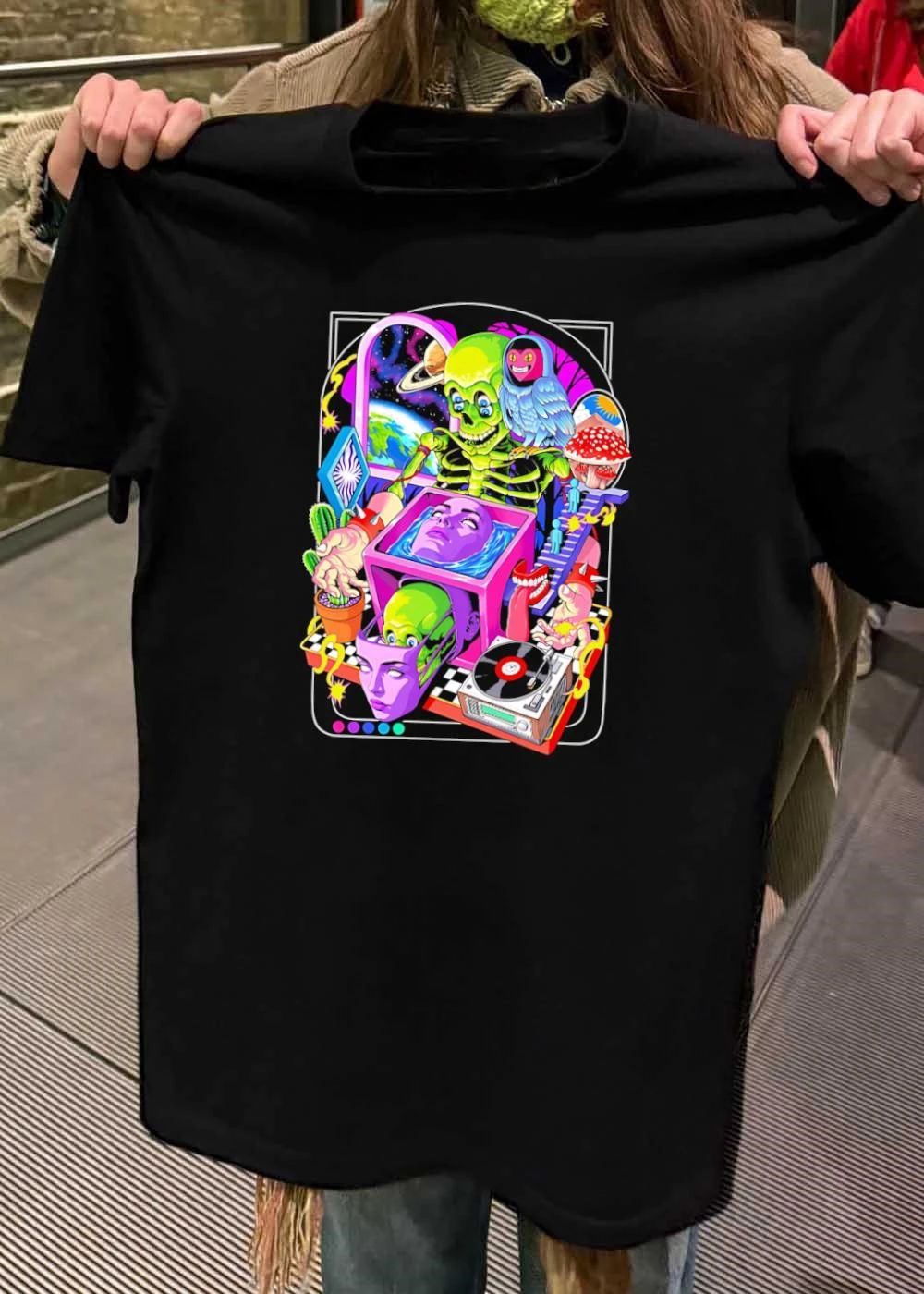 Green skeleton psychedelic owl surreal heads space earth trippy mushrooms record player shirt