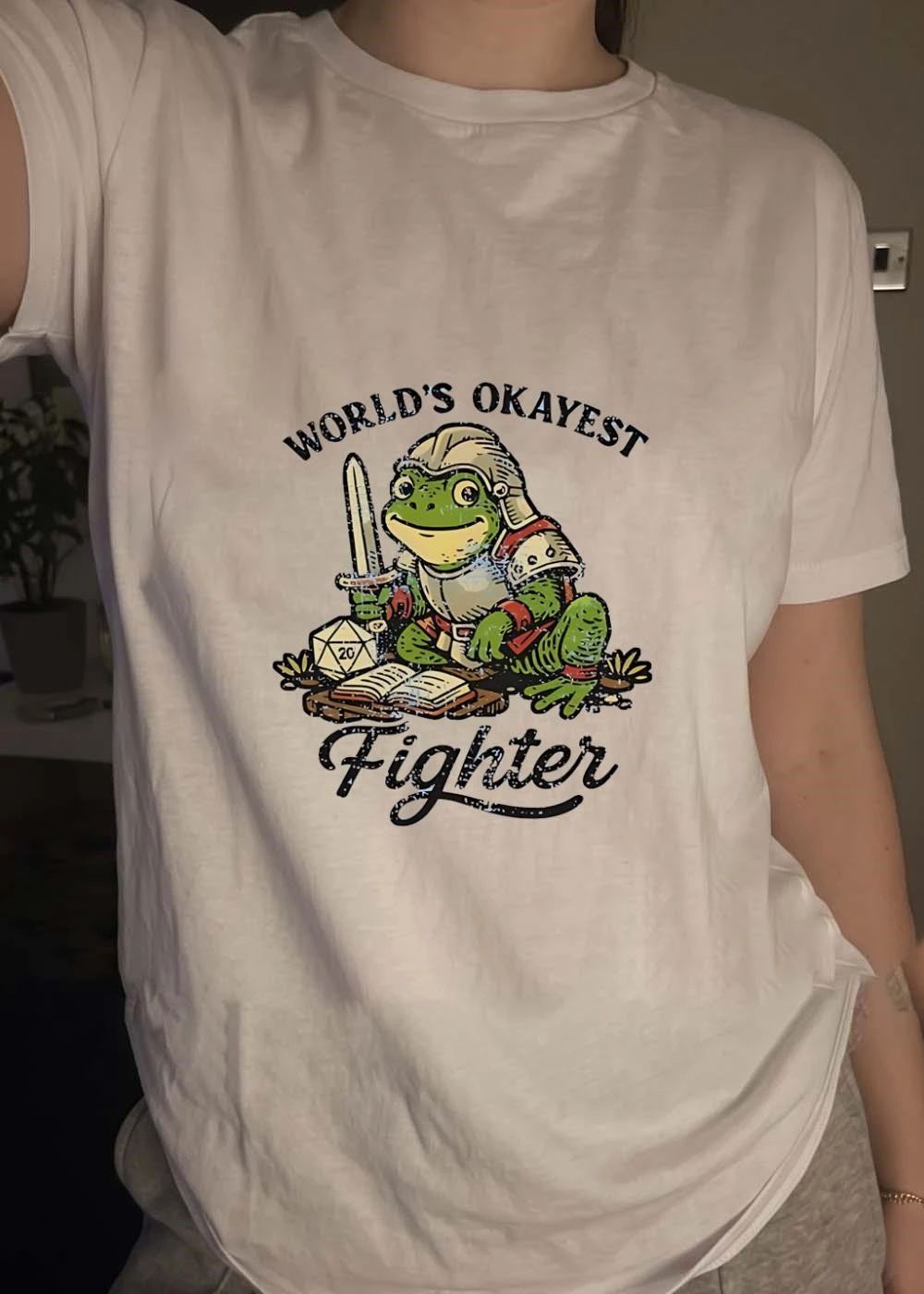 World’s Okayest Fighter Frog D20 Dice and Sword shirt
