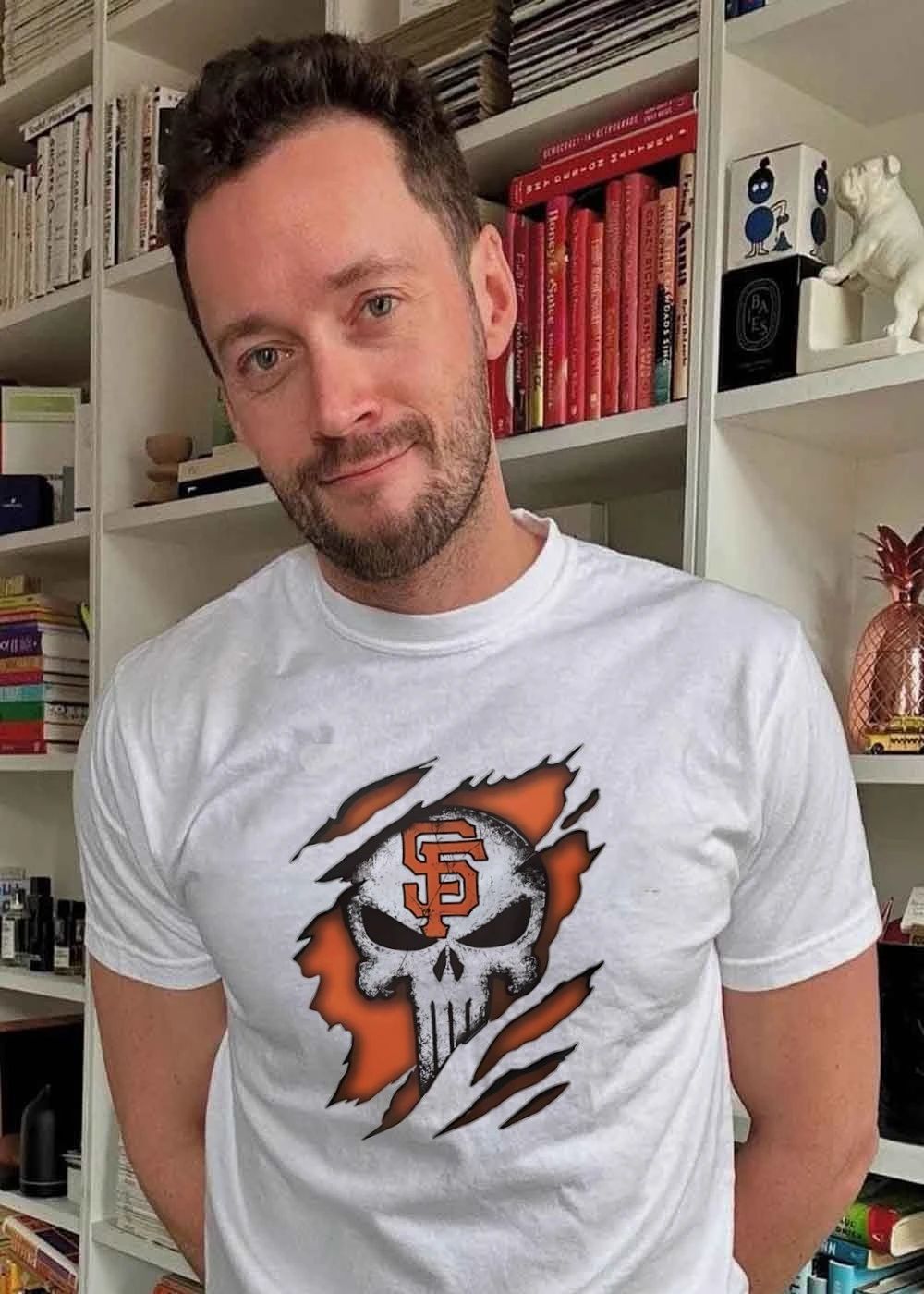 SF Skull Ripped Orange Background San Francisco Giants T-Shirt