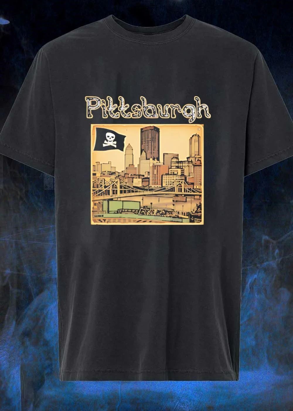 Pittsburgh Pirates Skyline with Jolly Roger Flag Graphic shirt